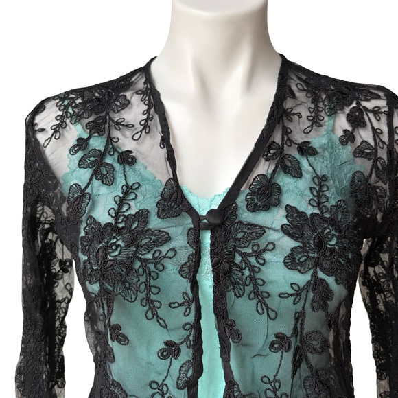 Lisbeth Black Mesh Single Button Floral Embellished Sheer Cardigan - Picture 8 of 14